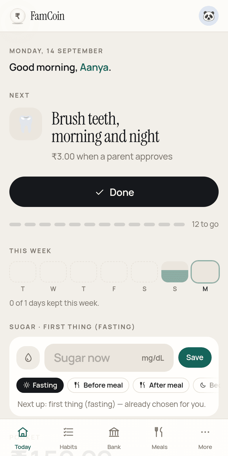 The Today screen: the next habit, her balance, and the sugar check she still owes