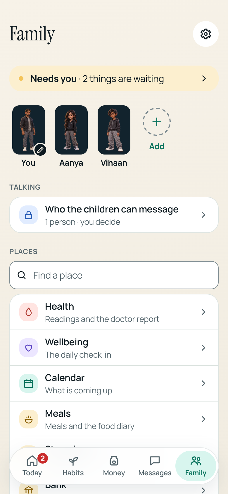 Papa’s Family screen with Aanya and Vihaan’s 2D avatars, messaging controls, meals and calendar
