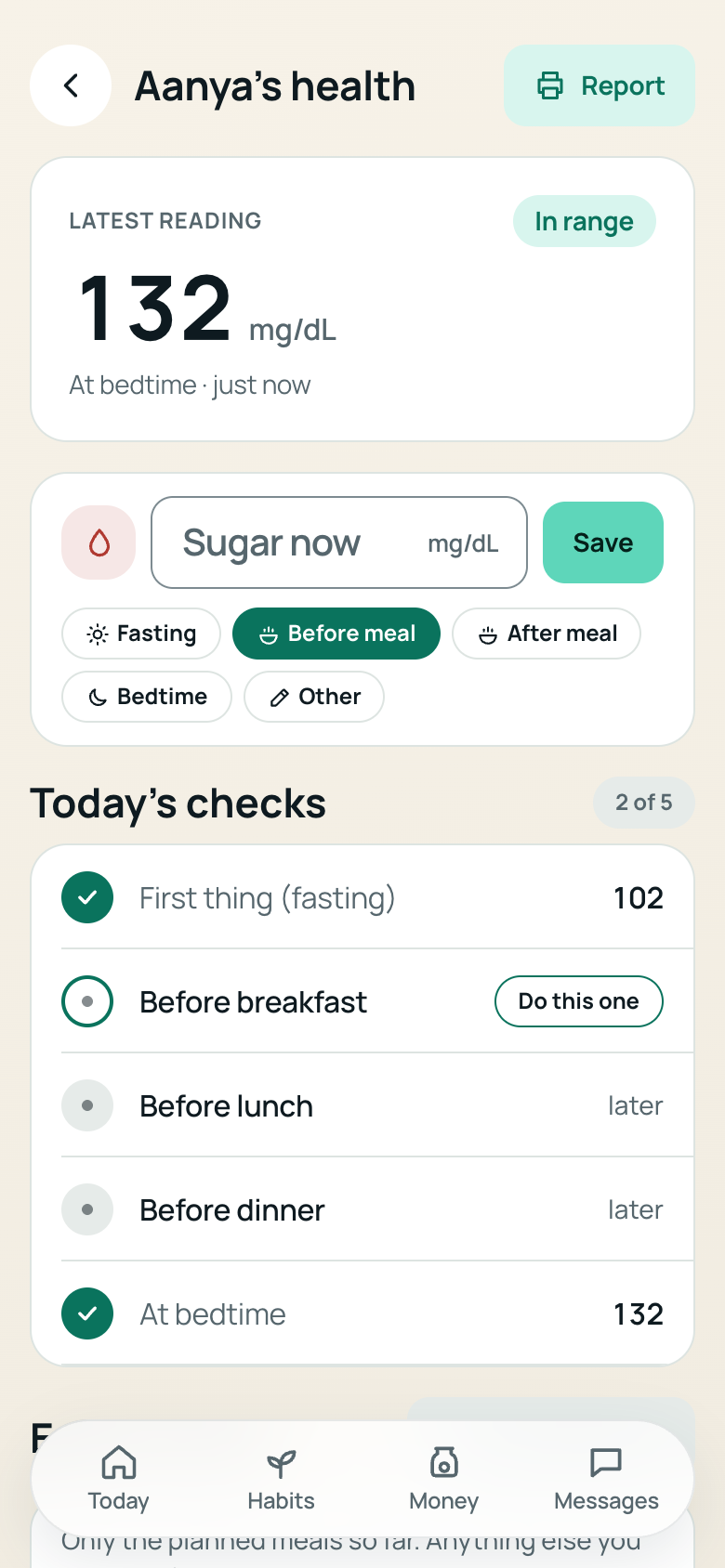 Aanya’s Health screen with fictional logged readings